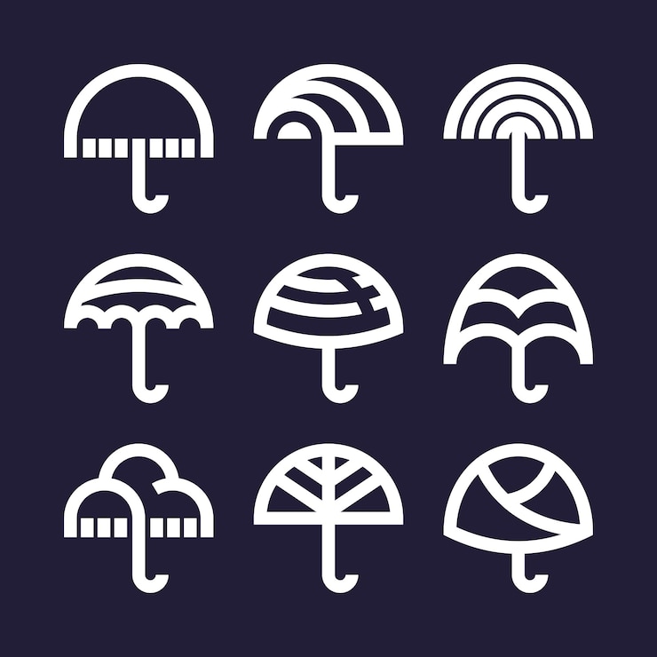 Vektor regenschirm-logo mit symbolsammlung für linienkunst