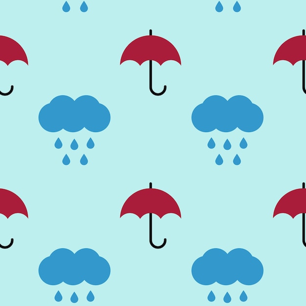 Regenschirme, Vektornahtloses Muster. Muster in Form von roten Regenschirmen und Wolken mit Regentropfen o
