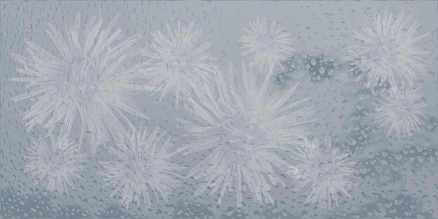 Vektor regentropfen und asterblumen auf blauem hintergrund blasen aus klarem wasser auf der fensterscheibe abstract blue texture