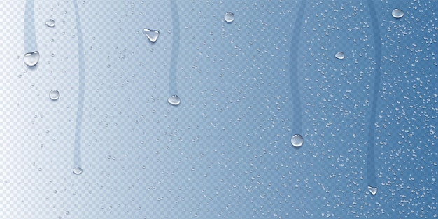 Regenwasser Tropfen auf Glasfenster Dampf von Tropfen Dampf in nasser Dusche realistischer sauberer Regentropfenfluss klare Reflexion Aqua-Kondensat durchsichtige Textur Vektor realistischer Hintergrund