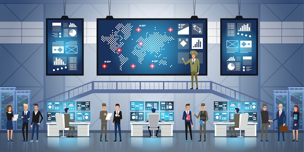 Regierungsüberwachungsbehörde und militärische gemeinsame operation. menschen und militär arbeiten im system control center.