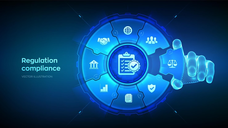 Vektor regulierungskonformität, finanzkontrolltechnologiekonzept, compliance-regeln, gesetzesregulierungspolitik, wireframe-hand platziert ein element in einer komposition, die die reg-tech-vektorillustration visualisiert