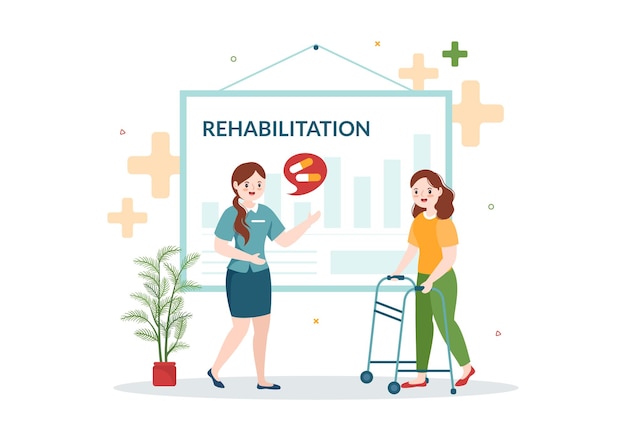 Rehabilitation cartoon handgezeichnete vorlagen illustration mit arzt hilft patienten physiotherapie