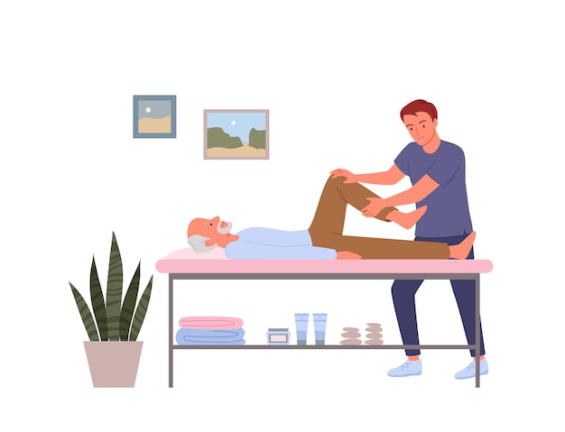 Rehabilitation für ältere Menschen, Medizin, Gesundheitswesen, Vektorgrafik Cartoon-Spezialist, Arzt, Charakter, der Massage- und Erholungsübungen mit altem Patienten macht, isoliert auf Weiß