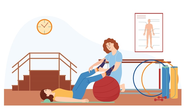 Rehabilitationsset für orthopädische Therapien mit flacher Hintergrundansicht des Patienten mit Arzt, der Übungen mit Ballvektorillustration durchführt