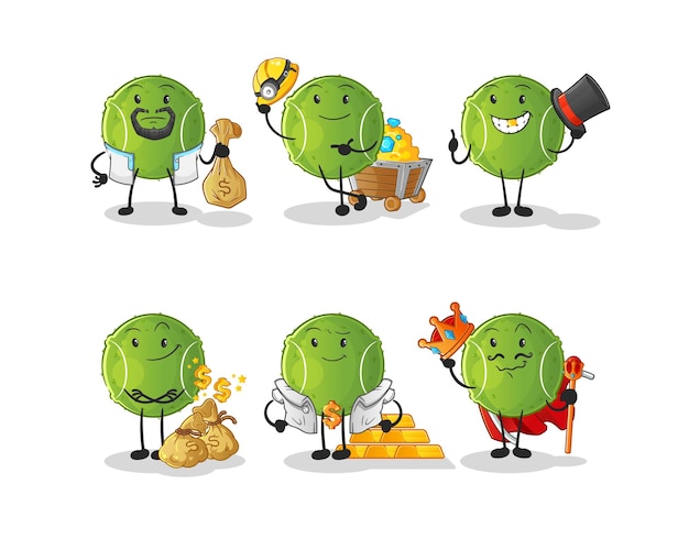 Reicher gruppencharakter des tennisballs. cartoon-maskottchen-vektor