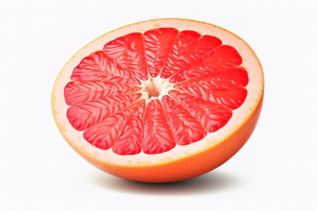 Vektor reife scheibe rosa grapefruit-zitrusfrüchte mit isolierten blättern auf weißem hintergrund in voller tiefe