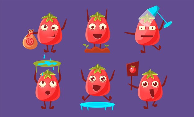Reife Tomaten-Charaktere mit lustigen Gesichtern setzen süßes Gemüse in verschiedenen Posen und verschiedenen Emotionen Vektorillustration