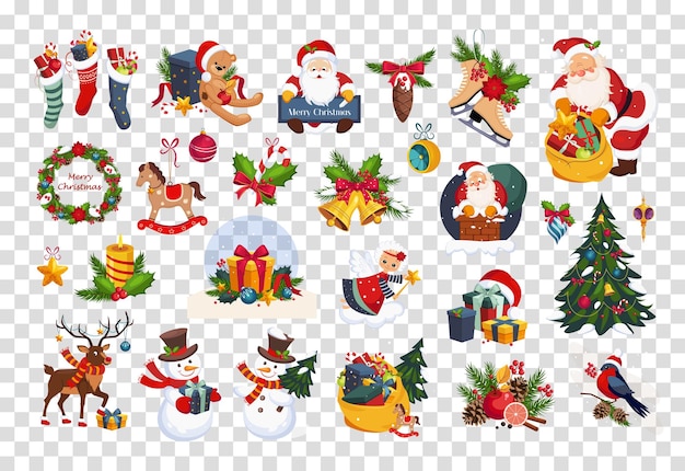 Reihe bunter Gegenstände zum Thema Weihnachten und Neujahr, Weihnachtsmann, dekoratives Spielzeug, Geschenke und Baum. Grafische Elemente für Grußkarten. Flache Vektorsymbole isoliert auf transparentem Hintergrund