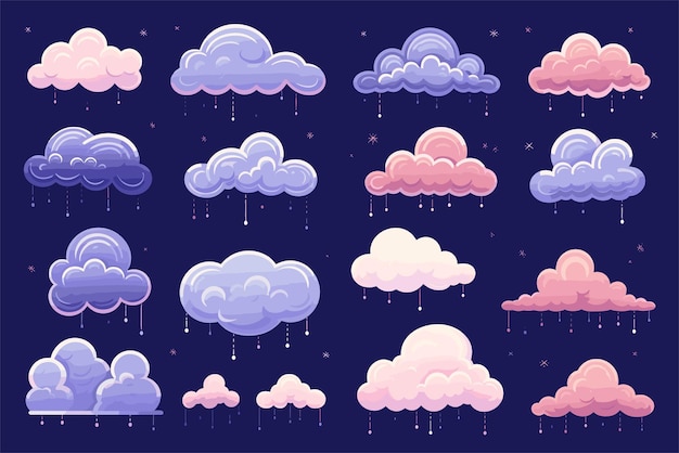 Reihe bunter Wolken auf dunklem Hintergrund, flache Illustration mit hoher Auflösung