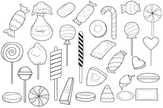 Reihe handgezeichneter Doodle-Illustrationen von Süßigkeiten