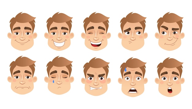 Vektor reihe männlicher gesichtsausdrücke. junger mann-emoji mit unterschiedlichen gesichtsausdrücken. vektorillustration im cartoon-stil