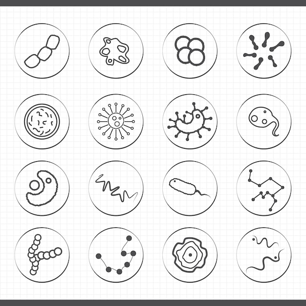 Vektor reihe mikrobiologischer bakteriensymbole piktogramme von mikroben, mikroorganismen und viruszellen