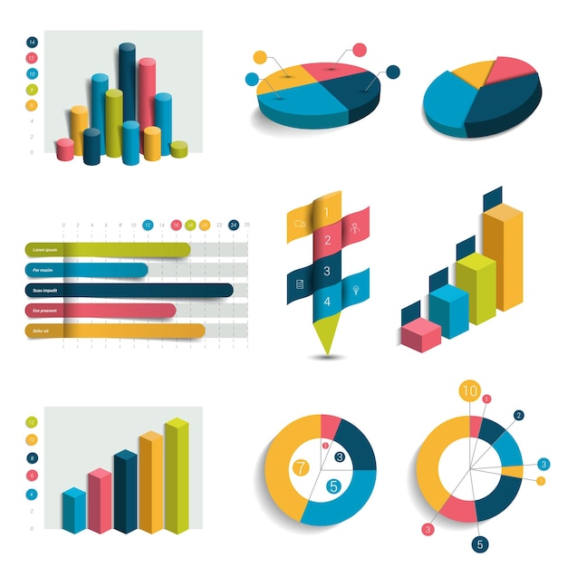 Vektor reihe von 3d-designdiagrammen für unternehmen säulenwürfel kreisdesign infografiken