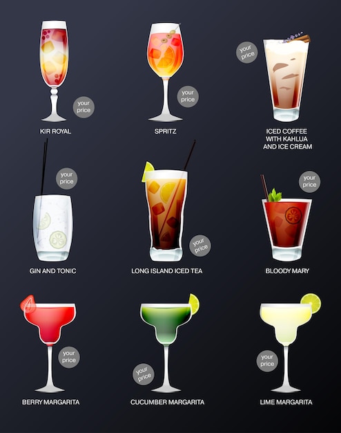 Reihe von alkoholischen Cocktails mit Preisschildern isoliert auf dunklem Hintergrund Vektor-Illustration