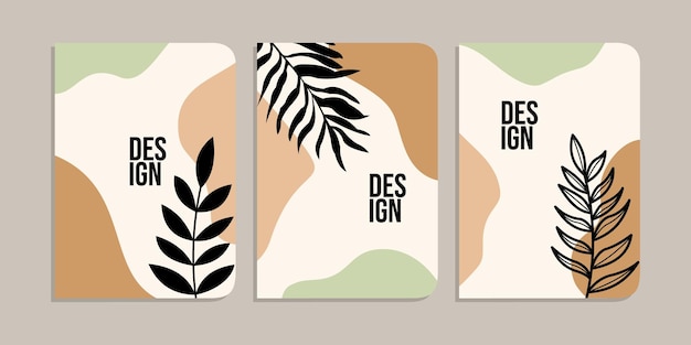 Reihe von buchcover-designs mit handgezeichneten blumendekorationen, abstraktem boho-botanik-hintergrund a4