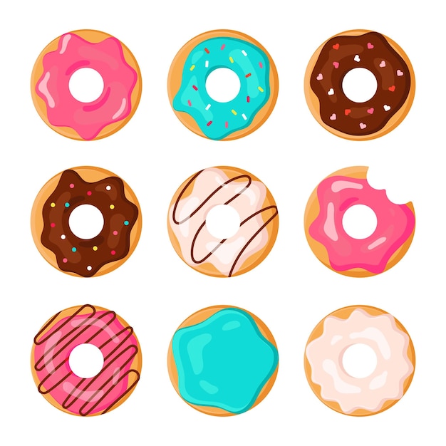 Reihe von bunten cartoon-donuts, isoliert auf weißem hintergrund. ansicht von oben donuts