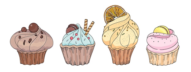 Reihe von bunten cupcakes mit verschiedenen belägen isoliert auf weißem hintergrund.