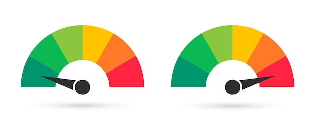 Vektor reihe von bunten tachometern skala mit pfeil level-zufriedenheit