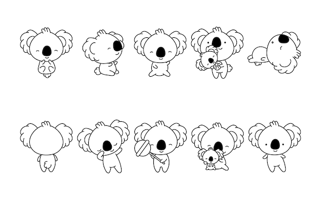 Reihe von cartoon-isolierten koala-malvorlagen, süßer vektor, kawaii-koala-bär-umriss-sammlung von niedlichen