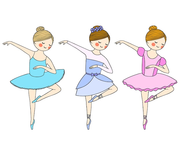 Reihe von farbbildern auf weißem hintergrund. schöne kleine ballerina in spitzenschuhen und kleid. vektor
