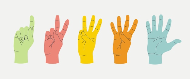 Reihe von gesten bunte menschliche hände zählen. finger, die die zahlen 1,2,3,4,5 ausdrücken.