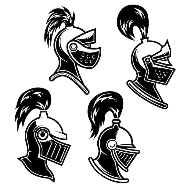 Vektor reihe von illustrationen eines ritterhelms im gravurstil. gestaltungselement für logo-etikett, emblem, zeichen, vektorillustration