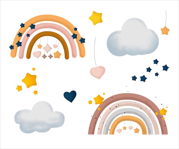 Reihe von illustrationen für kinder, regenbogen, sterne, wolken