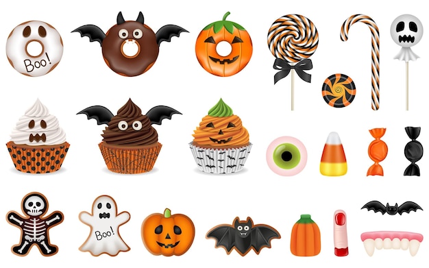 Reihe von isolierten Halloween-Süßigkeiten. Sammlung von Halloween-Kuchen und Süßigkeiten