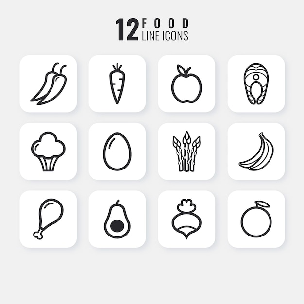 Vektor reihe von linearen symbolen aus gemüse, fleisch und obst für eine gesunde ernährung
