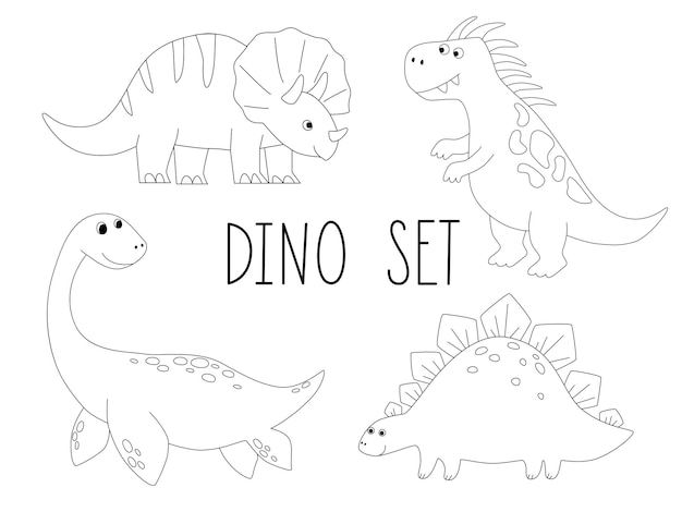 Reihe von niedlichen Dinosaurier-Umrissen im Cartoon-Stil Illustrationen für Kinder zum Ausmalen von Büchern