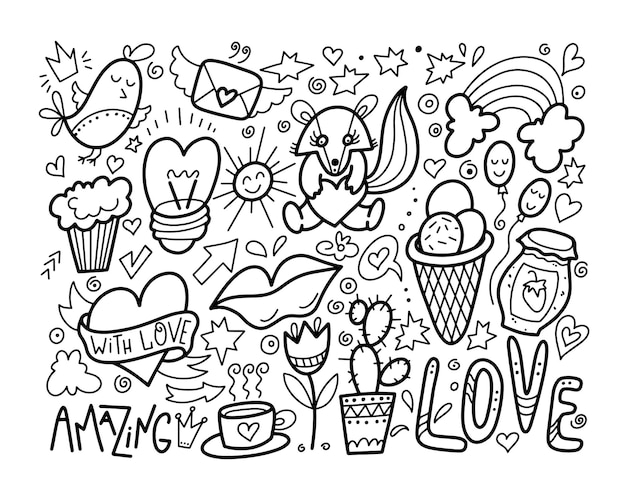 Reihe von niedlichen doodle-modernen elementen - eiscreme, regenbogen, tee, stinktier, vogel, herz und stern in schwarz-weiß-farben, vektorgrafik-sammlung
