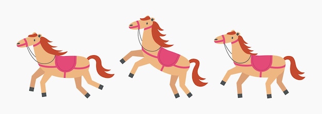 Reihe von pferden in verschiedenen posen. süßes pony im geschirr, sattel. geschwollener charakter in bewegung für kinder.