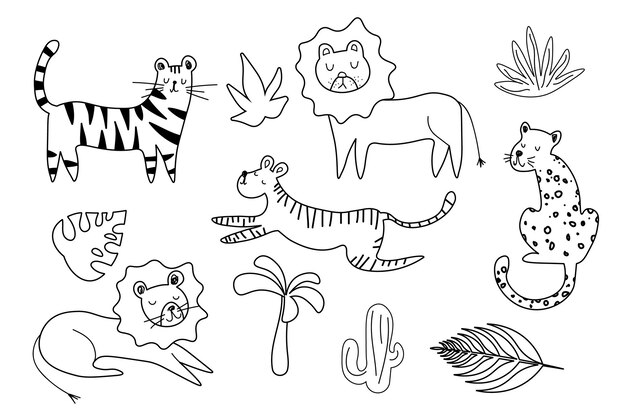 Vektor reihe von raubkatzen-linien-doodle-wildvektorzeichnungen raubtiere afrikanischer und safari-tiere handzeichnungen packung illustrationen eps