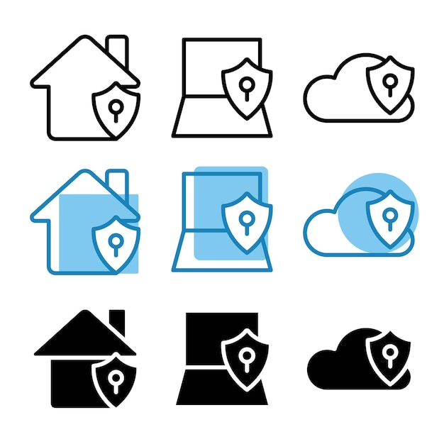 Reihe von sicherheitssymbolen mit drei designstilen
