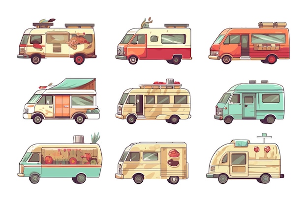 Reihe von streetfood-trucks isoliert auf dem hintergrund. cartoon-vektorillustration