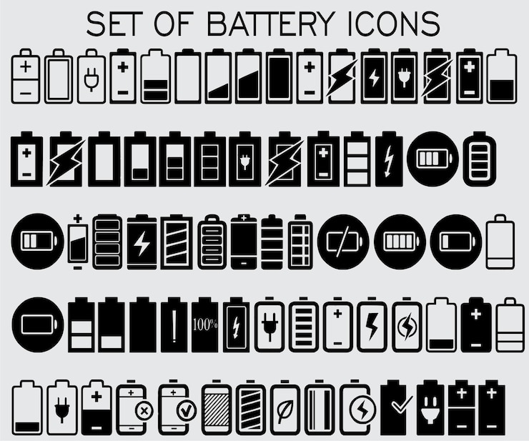 Vektor reihe von symbolen für eine batterie.
