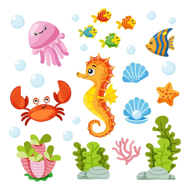 Reihe von Symbolen mit Meerestieren im Cartoon-Stil Illustration von Kinderbüchern