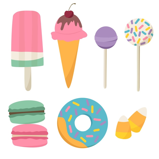 Reihe von trendigen, flachen designs, farbenfrohen und leckeren süßigkeiten und snacks