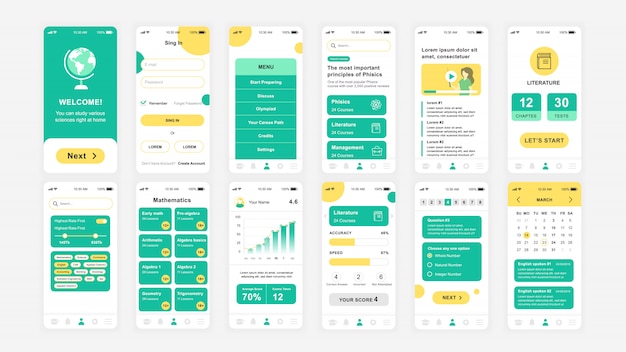 Reihe von ui, ux, gui-bildschirmen bildung app flache vorlage