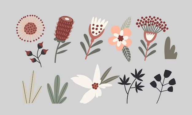 Reihe von vektorillustrationen von blumen und pflanzen auf grauem hintergrund