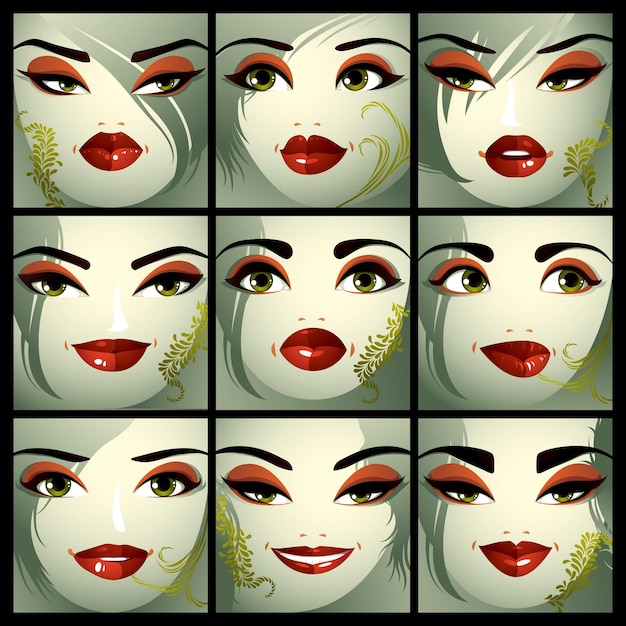 Vektor reihe von vektorporträts von sexy frauen in verschiedenen emotionen. teile weiblicher gesichter mit schönem make-up, schwarzen brauen, grünen augen und roten lippen.
