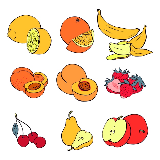 Vektor reihe von verschiedenen früchten: banane, pfirsich, erdbeere, kirsche, birne, zitrone, orange, aprikose, apfel