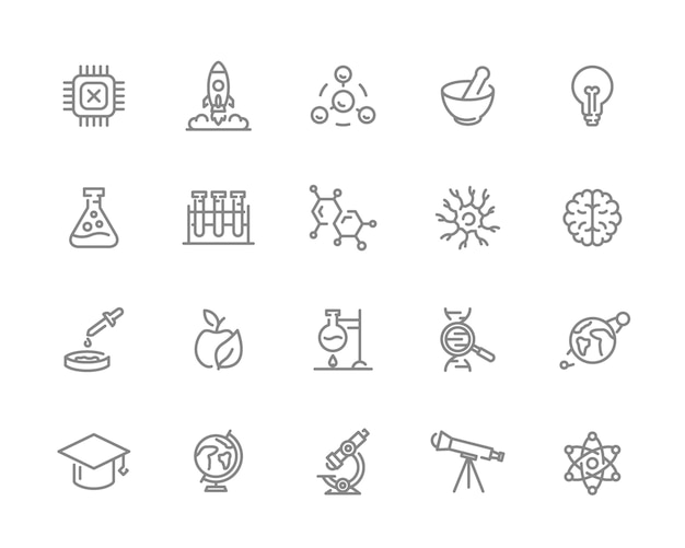 Reihe von wissenschaft linie icons. chip, rakete, atom, neuron, gehirn und mehr.