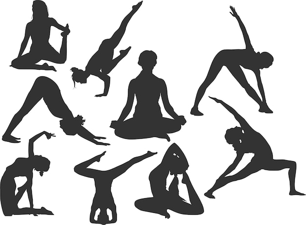 Reihe von Yoga-Silhouetten in verschiedenen Posen einer Frau, die sich entspannt und dehnt