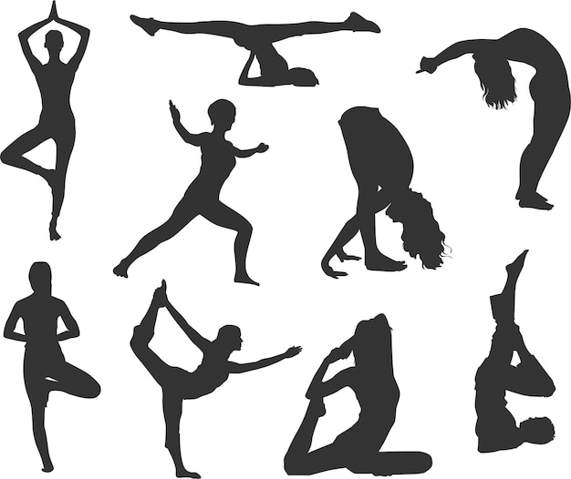 Reihe von Yoga-Silhouetten in verschiedenen Posen einer Frau, die sich entspannt und dehnt