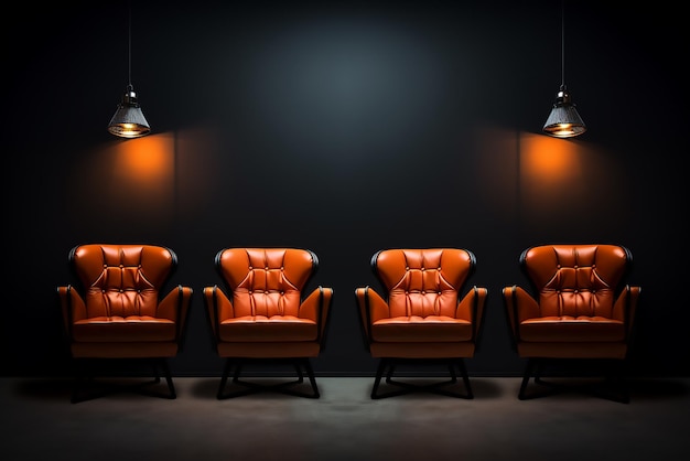 Reihen von braunen Lederstühlen in einer leeren Kinohalle in einem Kino, Bühnenbeleuchtung, Studio