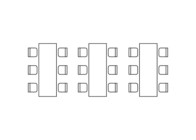 Reihenanordnung von sitzen und tischen in grafischen umrisssymbolen des innenlayouts im architekturplan des schemas