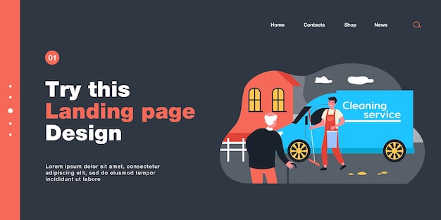 Reiniger mit Mopp und Eimer zum Haus des alten Mannes. Senior mit Gehstock, der auf flache Vektorillustration der Arbeitskraft wartet. Reinigungsservice, Pflegekonzept für ältere Menschen für Banner, Website-Design