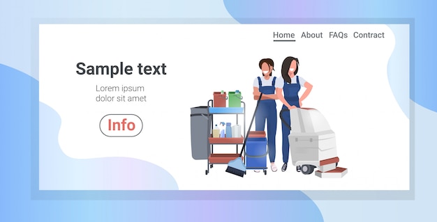 Reinigerinnen mit staubsauger und wagen mit zubehör hausmeisterteam in uniform zusammenarbeiten reinigungsservice-konzept horizontalen kopierraum in voller länge